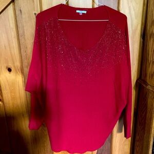 Woman’s red sweater 2X diamond like rhinestones upper collar